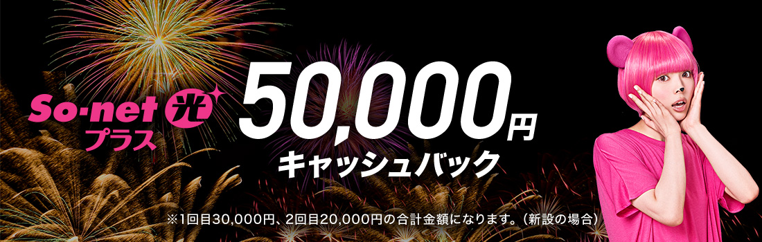 So-net 光 プラス 50,000円キャッシュバック (新設の場合) ※1回目30,000円、2回目20,000円の合計金額になります。