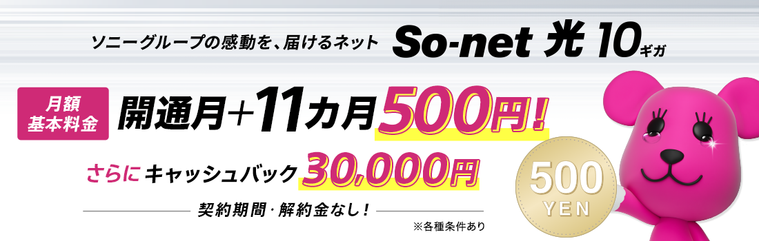 ソニーグループの感動を、届けるネットSo-net 光 10ギガ 月額基本料金 開通月+11カ月500円 さらにキャッシュバック30,000円！しかも契約期間・解約金なし！※各種条件あり